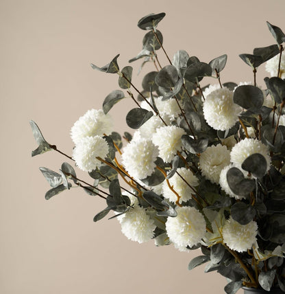 Artificial Kiku Flower White - 5 Pcs Fake Pompon Mums Silk Small Chrysanthemum Faux Ball Fall Flower Stem Decor for Autumn Wedding Filler DIY Bouquet Centerpieces Arrangements Shower