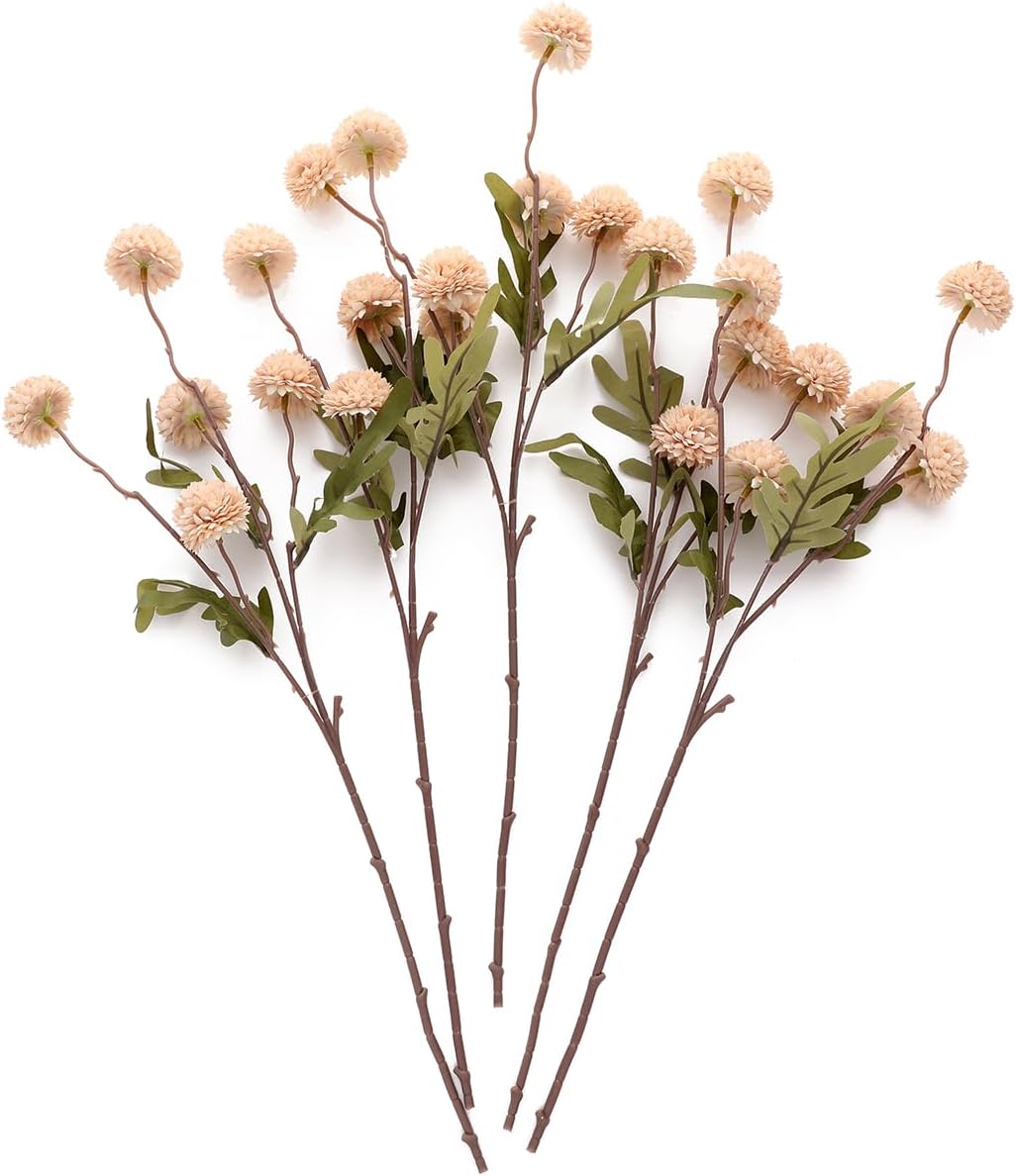 Artificial Kiku Flower White - 5 Pcs Fake Pompon Mums Silk Small Chrysanthemum Faux Ball Fall Flower Stem Decor for Autumn Wedding Filler DIY Bouquet Centerpieces Arrangements Shower