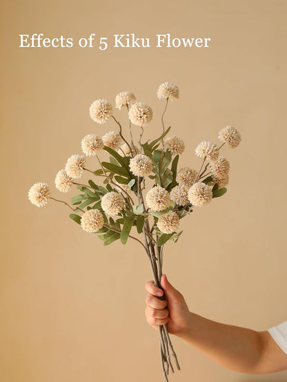 Artificial Kiku Flower White - 5 Pcs Fake Pompon Mums Silk Small Chrysanthemum Faux Ball Fall Flower Stem Decor for Autumn Wedding Filler DIY Bouquet Centerpieces Arrangements Shower