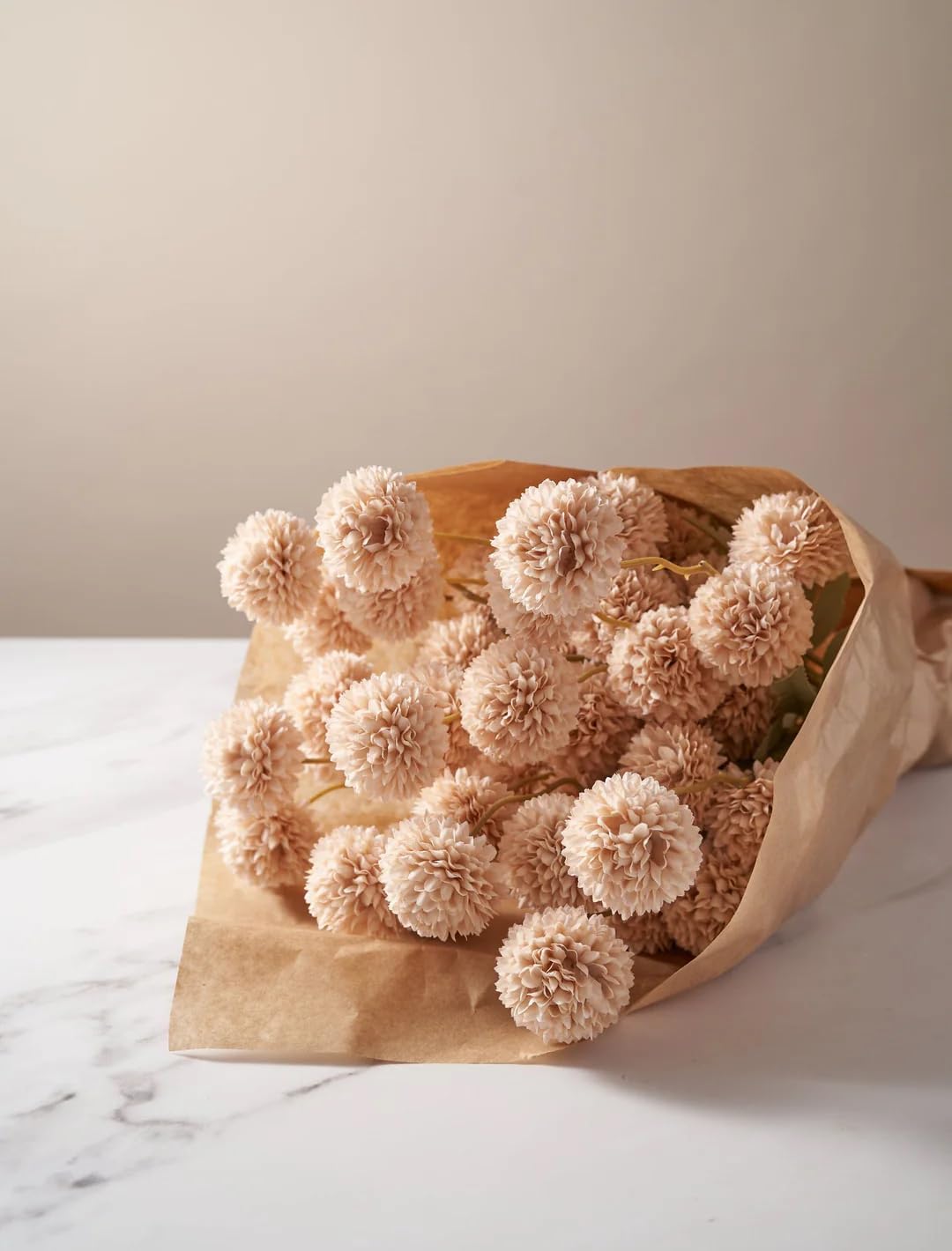 Artificial Kiku Flower White - 5 Pcs Fake Pompon Mums Silk Small Chrysanthemum Faux Ball Fall Flower Stem Decor for Autumn Wedding Filler DIY Bouquet Centerpieces Arrangements Shower