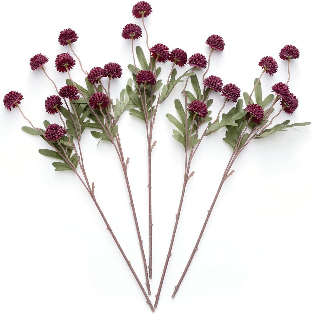 Artificial Kiku Flower White - 5 Pcs Fake Pompon Mums Silk Small Chrysanthemum Faux Ball Fall Flower Stem Decor for Autumn Wedding Filler DIY Bouquet Centerpieces Arrangements Shower