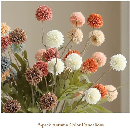 Artificial Kiku Flower White - 5 Pcs Fake Pompon Mums Silk Small Chrysanthemum Faux Ball Fall Flower Stem Decor for Autumn Wedding Filler DIY Bouquet Centerpieces Arrangements Shower