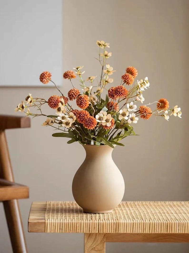 Artificial Kiku Flower White - 5 Pcs Fake Pompon Mums Silk Small Chrysanthemum Faux Ball Fall Flower Stem Decor for Autumn Wedding Filler DIY Bouquet Centerpieces Arrangements Shower
