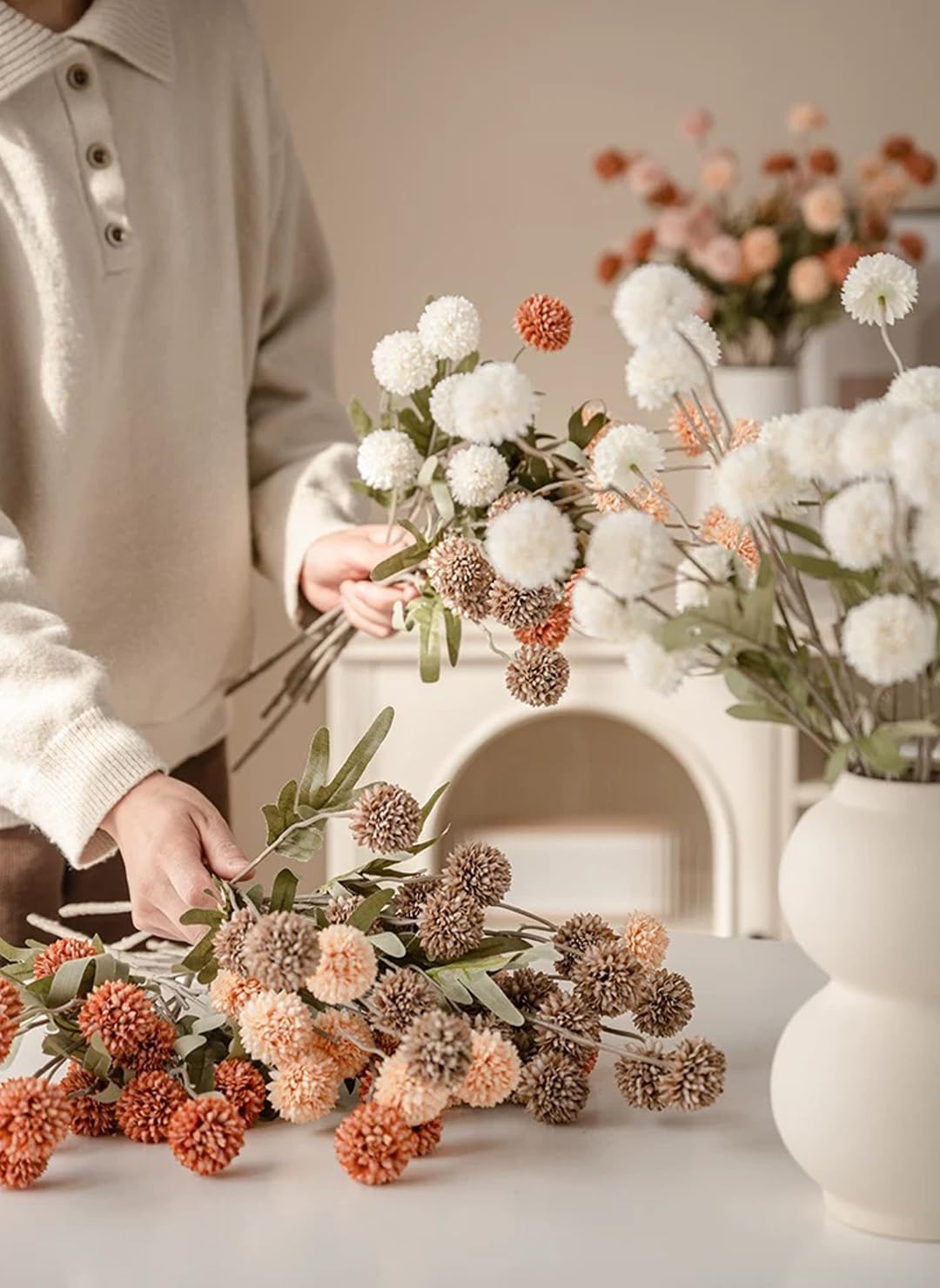 Artificial Kiku Flower White - 5 Pcs Fake Pompon Mums Silk Small Chrysanthemum Faux Ball Fall Flower Stem Decor for Autumn Wedding Filler DIY Bouquet Centerpieces Arrangements Shower