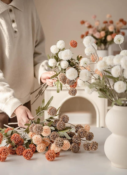 Artificial Kiku Flower White - 5 Pcs Fake Pompon Mums Silk Small Chrysanthemum Faux Ball Fall Flower Stem Decor for Autumn Wedding Filler DIY Bouquet Centerpieces Arrangements Shower