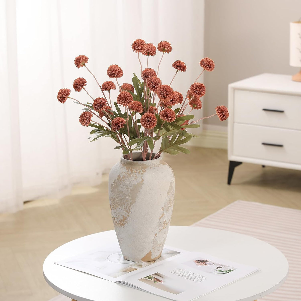 Artificial Kiku Flower White - 5 Pcs Fake Pompon Mums Silk Small Chrysanthemum Faux Ball Fall Flower Stem Decor for Autumn Wedding Filler DIY Bouquet Centerpieces Arrangements Shower