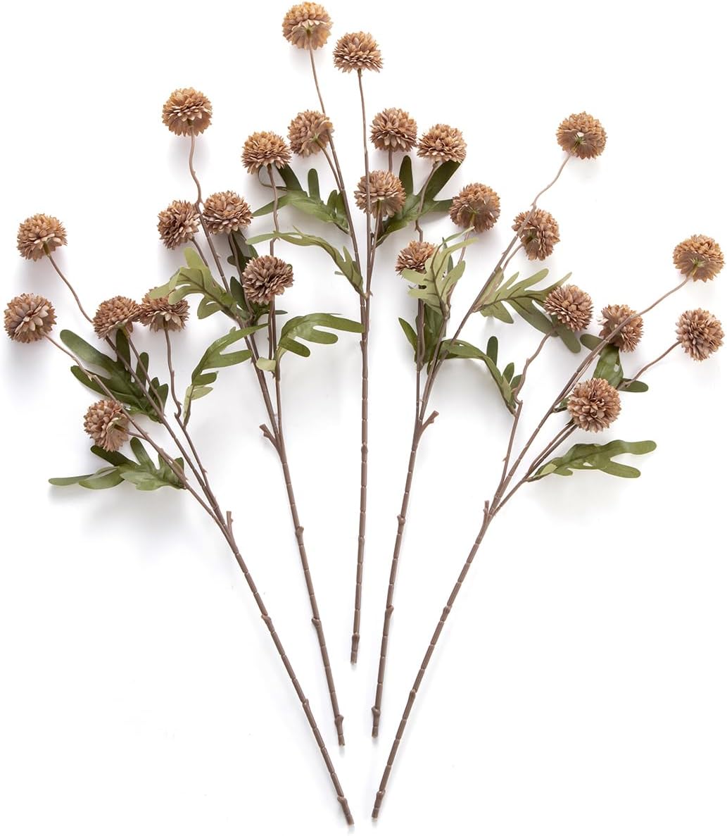 Artificial Kiku Flower White - 5 Pcs Fake Pompon Mums Silk Small Chrysanthemum Faux Ball Fall Flower Stem Decor for Autumn Wedding Filler DIY Bouquet Centerpieces Arrangements Shower