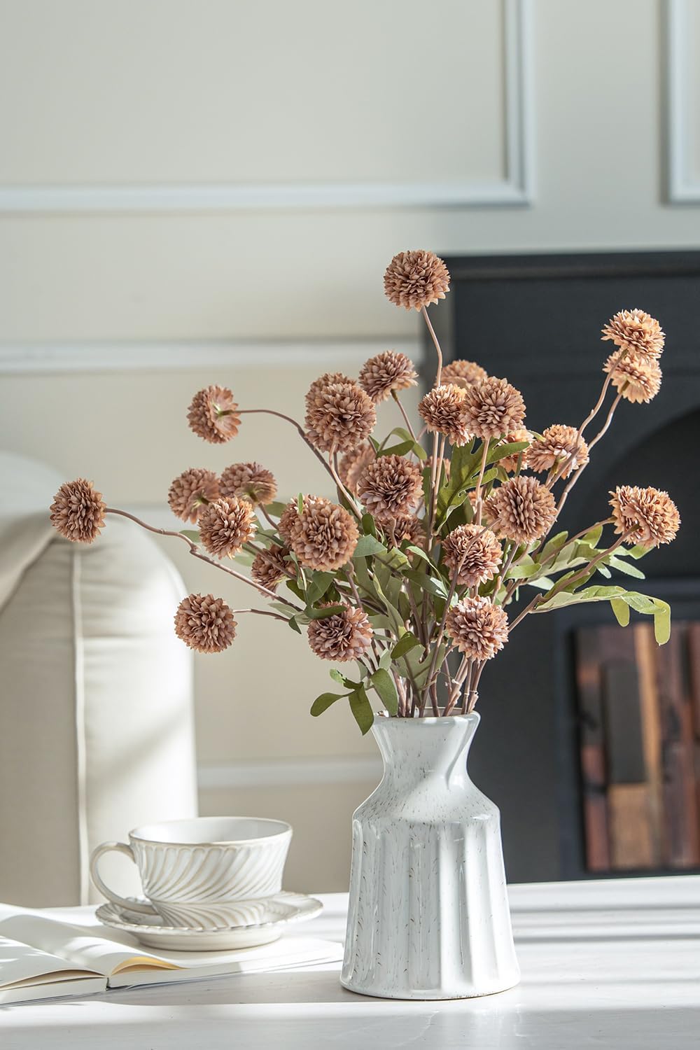 Artificial Kiku Flower White - 5 Pcs Fake Pompon Mums Silk Small Chrysanthemum Faux Ball Fall Flower Stem Decor for Autumn Wedding Filler DIY Bouquet Centerpieces Arrangements Shower