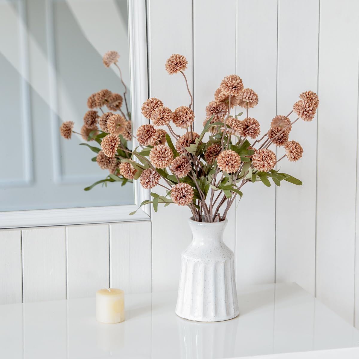 Artificial Kiku Flower White - 5 Pcs Fake Pompon Mums Silk Small Chrysanthemum Faux Ball Fall Flower Stem Decor for Autumn Wedding Filler DIY Bouquet Centerpieces Arrangements Shower