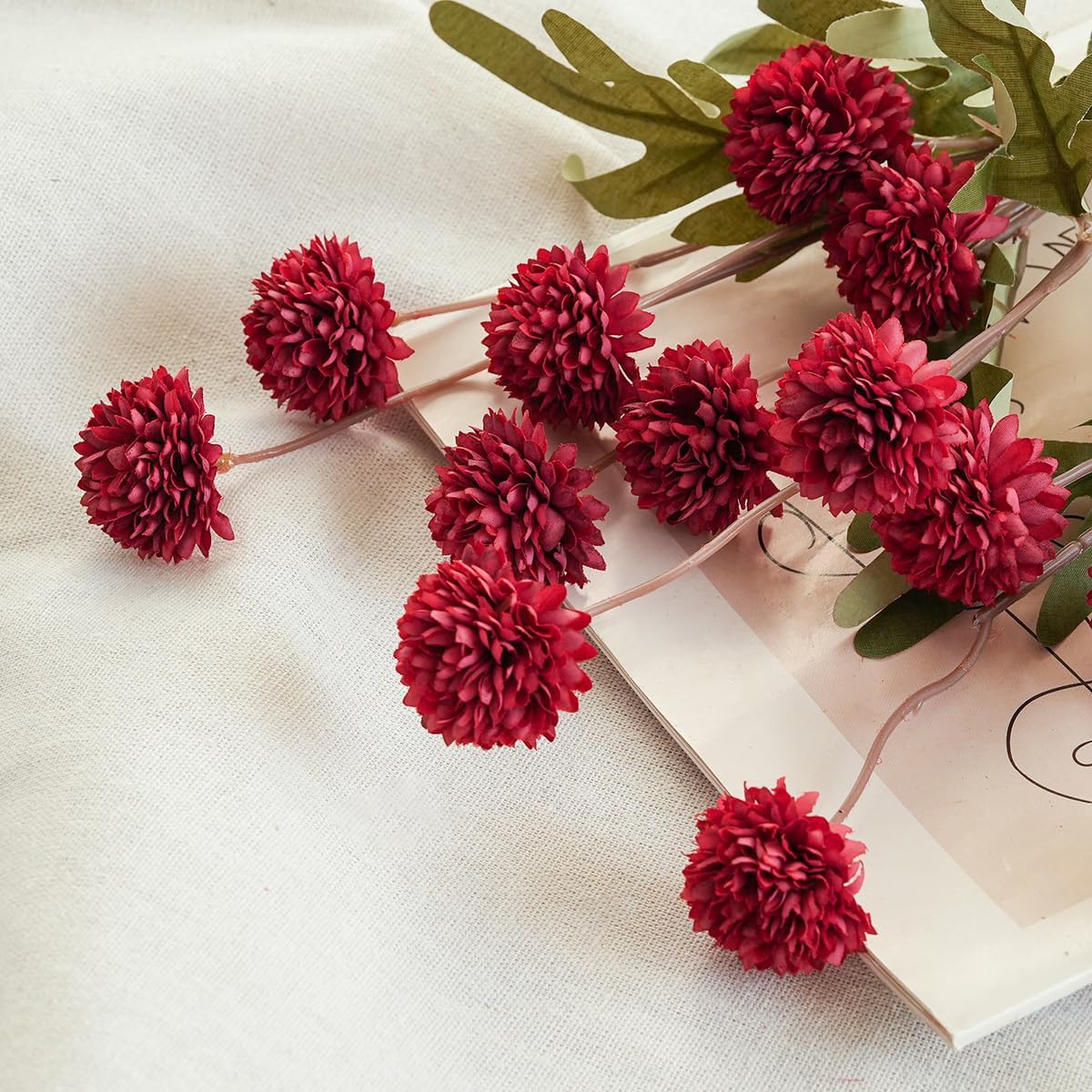 Artificial Kiku Flower White - 5 Pcs Fake Pompon Mums Silk Small Chrysanthemum Faux Ball Fall Flower Stem Decor for Autumn Wedding Filler DIY Bouquet Centerpieces Arrangements Shower