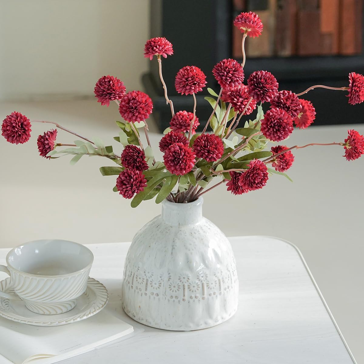 Artificial Kiku Flower White - 5 Pcs Fake Pompon Mums Silk Small Chrysanthemum Faux Ball Fall Flower Stem Decor for Autumn Wedding Filler DIY Bouquet Centerpieces Arrangements Shower