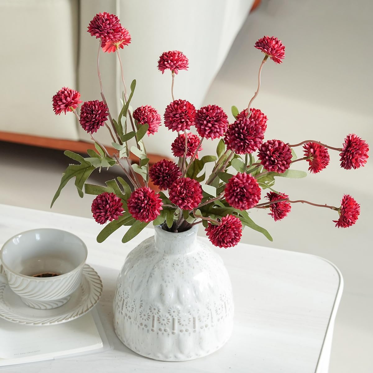 Artificial Kiku Flower White - 5 Pcs Fake Pompon Mums Silk Small Chrysanthemum Faux Ball Fall Flower Stem Decor for Autumn Wedding Filler DIY Bouquet Centerpieces Arrangements Shower