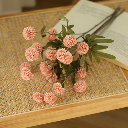 Artificial Kiku Flower White - 5 Pcs Fake Pompon Mums Silk Small Chrysanthemum Faux Ball Fall Flower Stem Decor for Autumn Wedding Filler DIY Bouquet Centerpieces Arrangements Shower