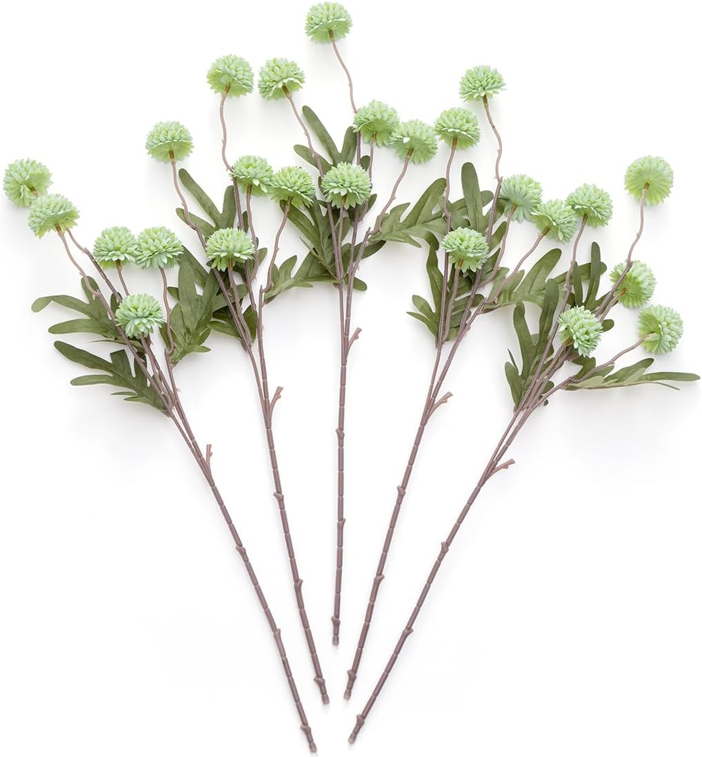 Artificial Kiku Flower White - 5 Pcs Fake Pompon Mums Silk Small Chrysanthemum Faux Ball Fall Flower Stem Decor for Autumn Wedding Filler DIY Bouquet Centerpieces Arrangements Shower