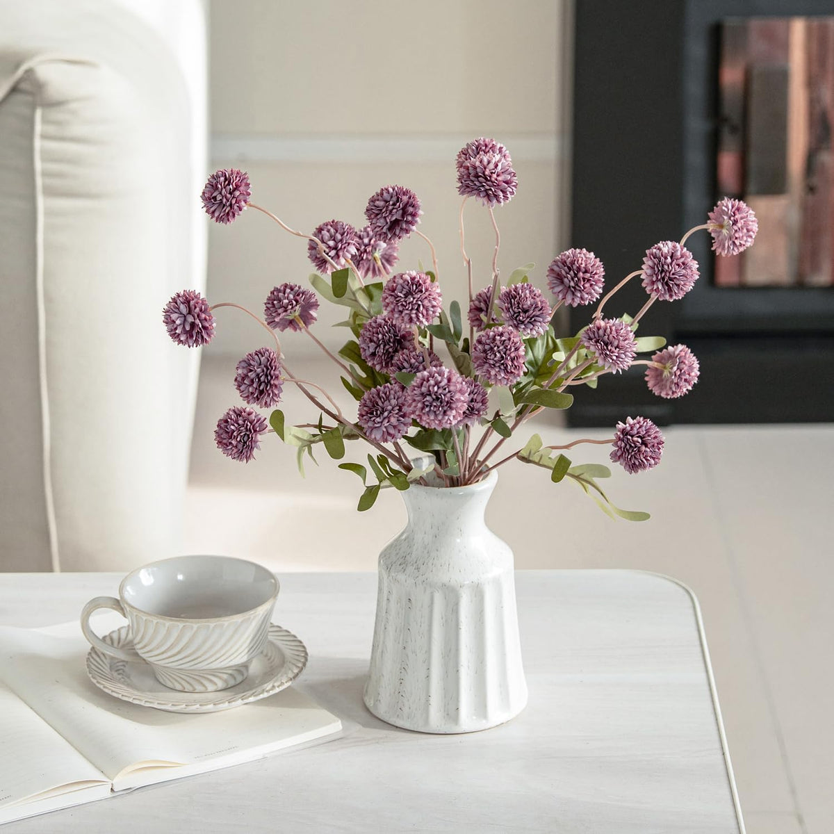 Artificial Kiku Flower White - 5 Pcs Fake Pompon Mums Silk Small Chrysanthemum Faux Ball Fall Flower Stem Decor for Autumn Wedding Filler DIY Bouquet Centerpieces Arrangements Shower