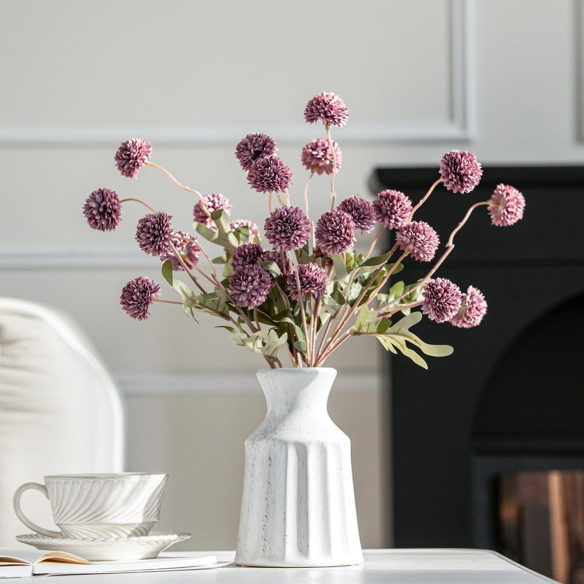 Artificial Kiku Flower White - 5 Pcs Fake Pompon Mums Silk Small Chrysanthemum Faux Ball Fall Flower Stem Decor for Autumn Wedding Filler DIY Bouquet Centerpieces Arrangements Shower