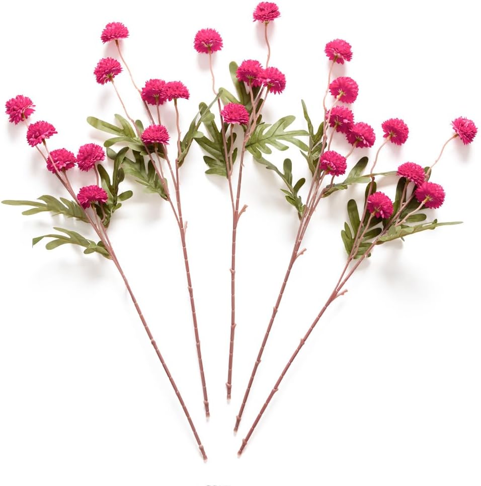 Artificial Kiku Flower White - 5 Pcs Fake Pompon Mums Silk Small Chrysanthemum Faux Ball Fall Flower Stem Decor for Autumn Wedding Filler DIY Bouquet Centerpieces Arrangements Shower
