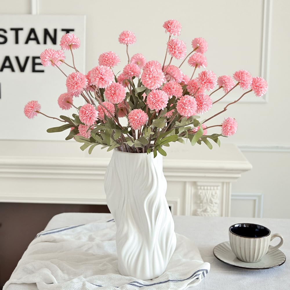 Artificial Kiku Flower White - 5 Pcs Fake Pompon Mums Silk Small Chrysanthemum Faux Ball Fall Flower Stem Decor for Autumn Wedding Filler DIY Bouquet Centerpieces Arrangements Shower