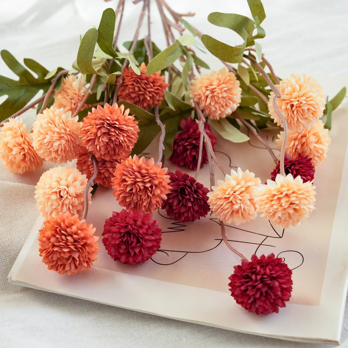 Artificial Kiku Flower White - 5 Pcs Fake Pompon Mums Silk Small Chrysanthemum Faux Ball Fall Flower Stem Decor for Autumn Wedding Filler DIY Bouquet Centerpieces Arrangements Shower