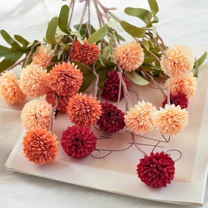 Artificial Kiku Flower White - 5 Pcs Fake Pompon Mums Silk Small Chrysanthemum Faux Ball Fall Flower Stem Decor for Autumn Wedding Filler DIY Bouquet Centerpieces Arrangements Shower