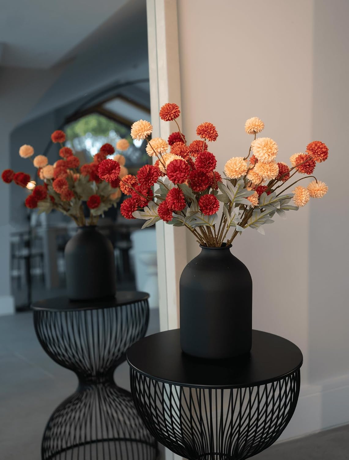 Artificial Kiku Flower White - 5 Pcs Fake Pompon Mums Silk Small Chrysanthemum Faux Ball Fall Flower Stem Decor for Autumn Wedding Filler DIY Bouquet Centerpieces Arrangements Shower