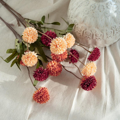 Artificial Kiku Flower White - 5 Pcs Fake Pompon Mums Silk Small Chrysanthemum Faux Ball Fall Flower Stem Decor for Autumn Wedding Filler DIY Bouquet Centerpieces Arrangements Shower