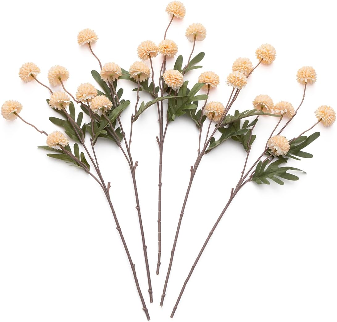 Artificial Kiku Flower White - 5 Pcs Fake Pompon Mums Silk Small Chrysanthemum Faux Ball Fall Flower Stem Decor for Autumn Wedding Filler DIY Bouquet Centerpieces Arrangements Shower