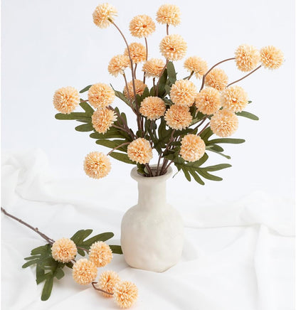 Artificial Kiku Flower White - 5 Pcs Fake Pompon Mums Silk Small Chrysanthemum Faux Ball Fall Flower Stem Decor for Autumn Wedding Filler DIY Bouquet Centerpieces Arrangements Shower