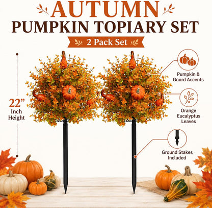 2 Pack Fall Pumpkin Topiary Trees with Stakes, 22 Inch (Orange)