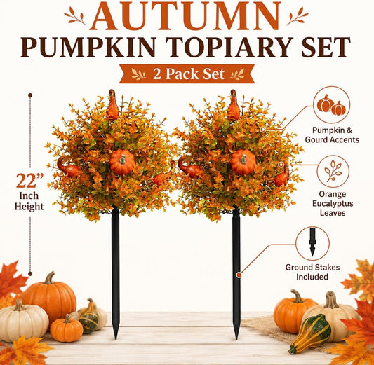 2 Pack Fall Pumpkin Topiary Trees with Stakes, 22 Inch (Orange)
