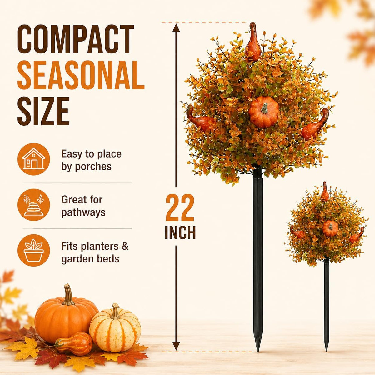 2 Pack Fall Pumpkin Topiary Trees with Stakes, 22 Inch (Orange)