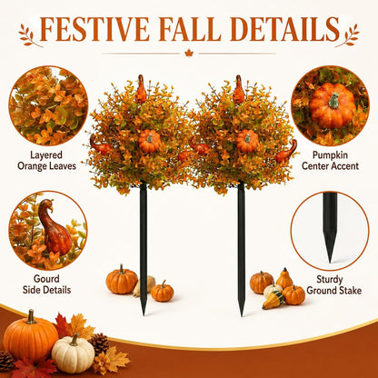 2 Pack Fall Pumpkin Topiary Trees with Stakes, 22 Inch (Orange)