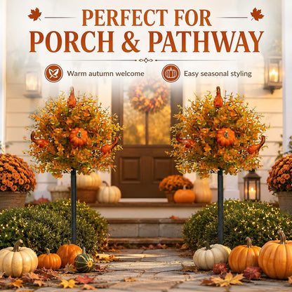 2 Pack Fall Pumpkin Topiary Trees with Stakes, 22 Inch (Orange)