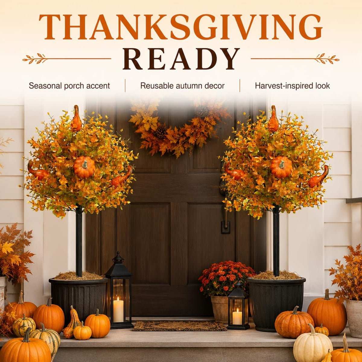 2 Pack Fall Pumpkin Topiary Trees with Stakes, 22 Inch (Orange)
