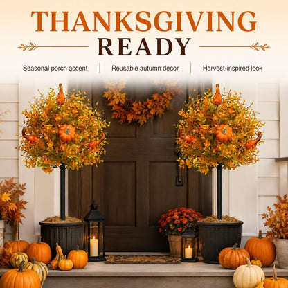 2 Pack Fall Pumpkin Topiary Trees with Stakes, 22 Inch (Orange)