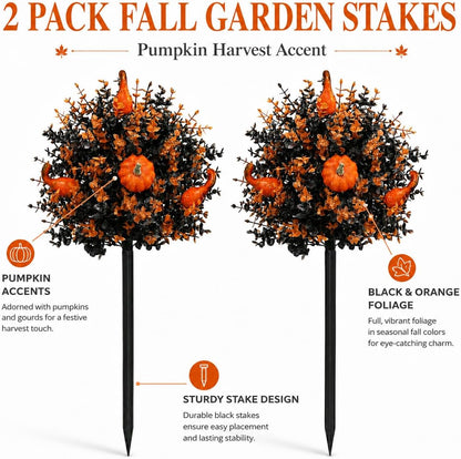 2 Pack Fall Pumpkin Topiary Trees with Stakes, 22 Inch (Orange)