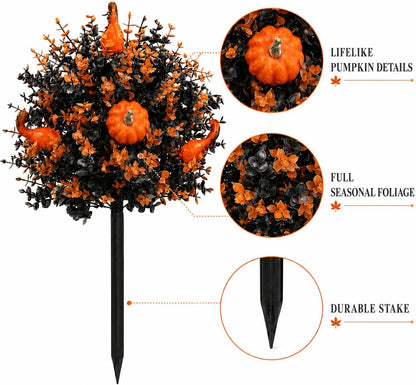 2 Pack Fall Pumpkin Topiary Trees with Stakes, 22 Inch (Orange)