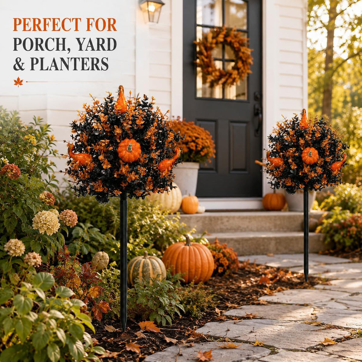 2 Pack Fall Pumpkin Topiary Trees with Stakes, 22 Inch (Orange)