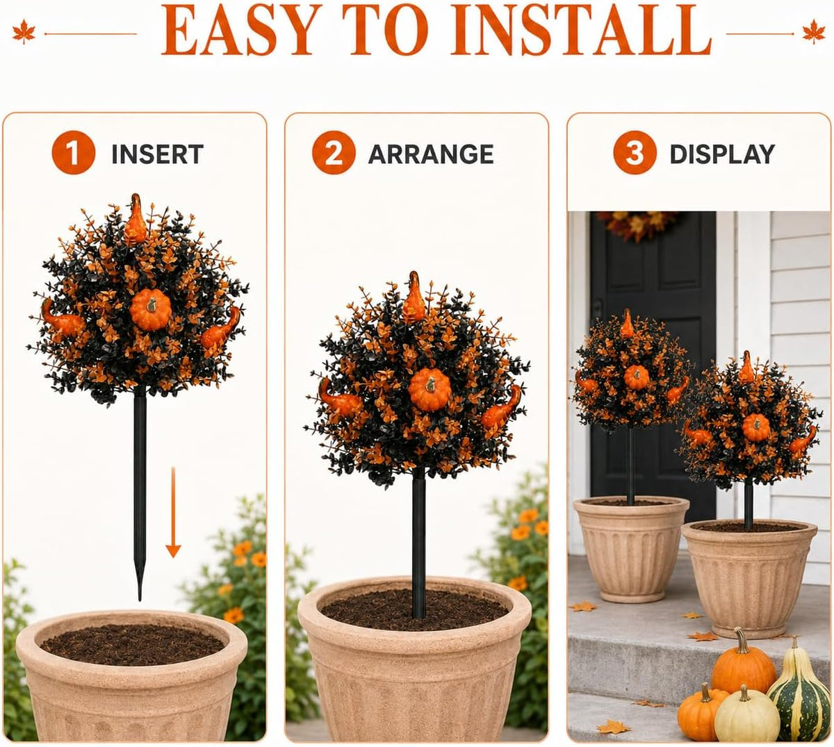 2 Pack Fall Pumpkin Topiary Trees with Stakes, 22 Inch (Orange)