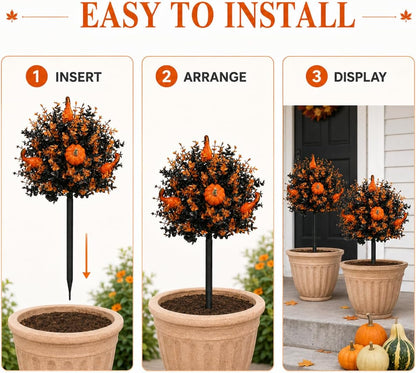 2 Pack Fall Pumpkin Topiary Trees with Stakes, 22 Inch (Orange)