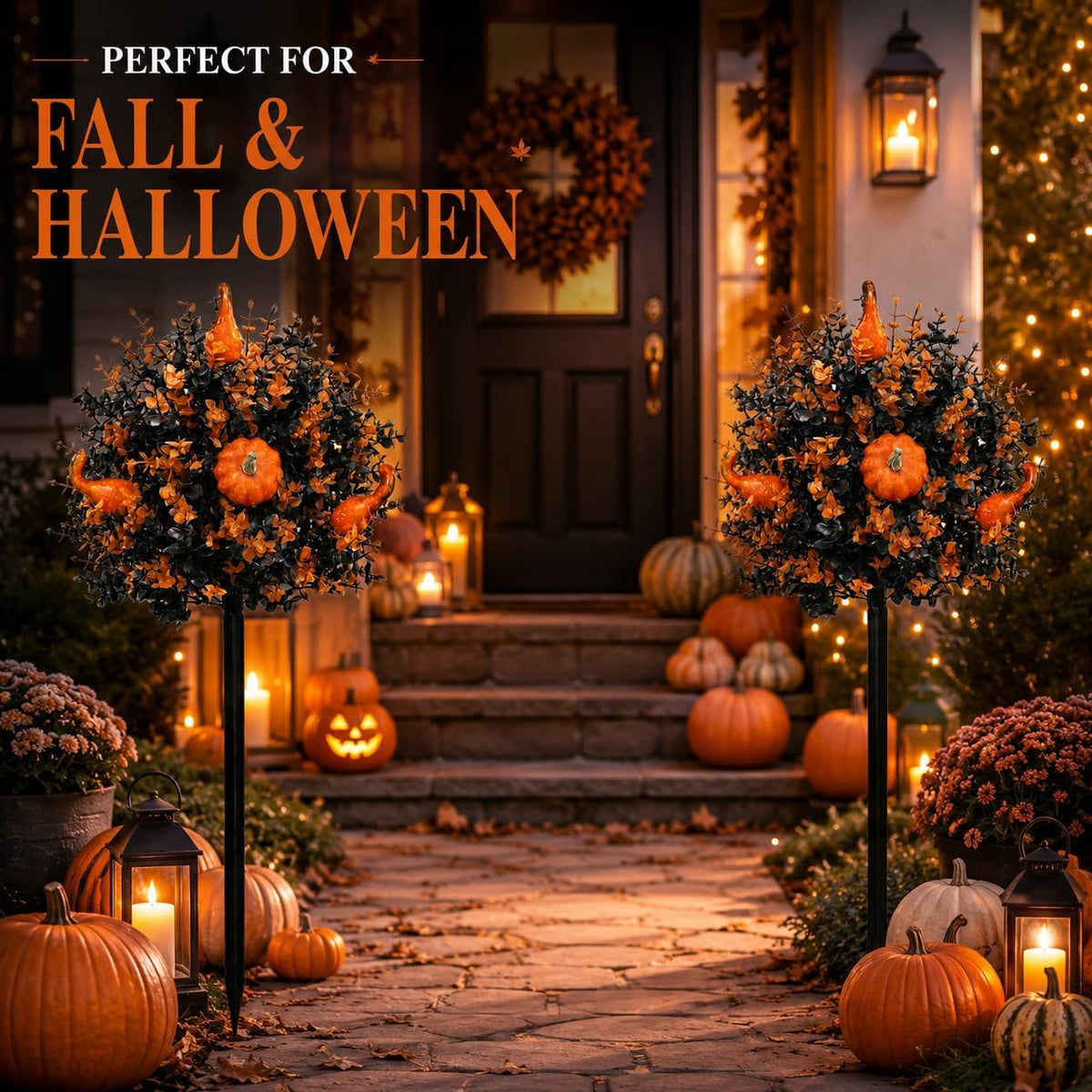 2 Pack Fall Pumpkin Topiary Trees with Stakes, 22 Inch (Orange)