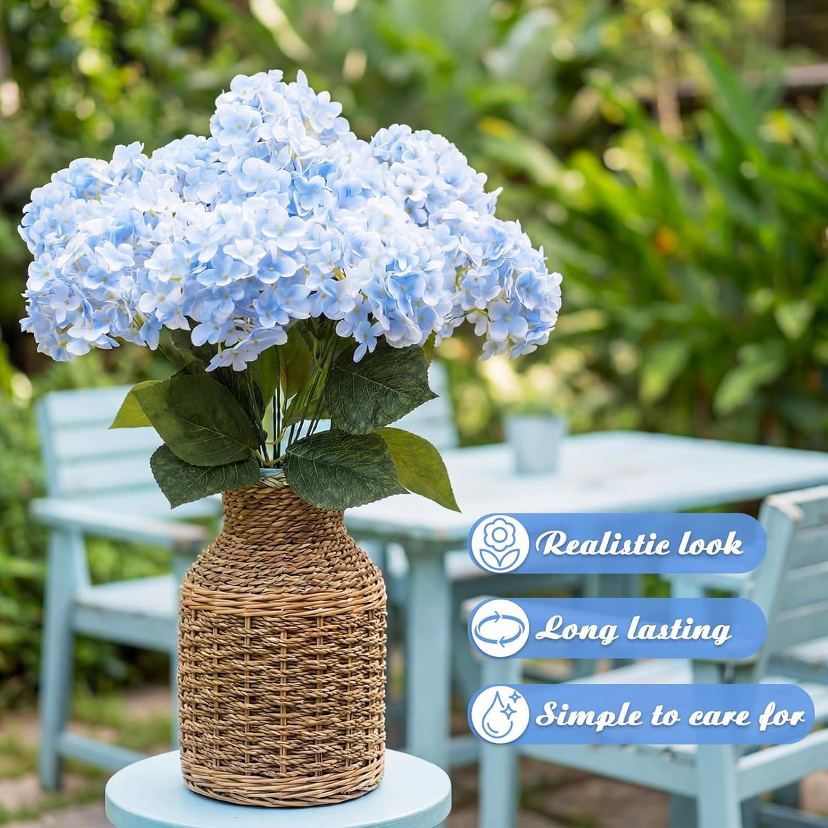 Hydrangea Artificial Flower Bush for Outdoor 19.6inch Large Silk Hydrangea 5 Heads Realistic UV Resistant Fake Flower for Porch Bouquet Window Box Wedding Indoor(2 Pcs,Blue)