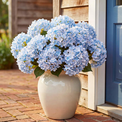 Hydrangea Artificial Flower Bush for Outdoor 19.6inch Large Silk Hydrangea 5 Heads Realistic UV Resistant Fake Flower for Porch Bouquet Window Box Wedding Indoor(2 Pcs,Blue)