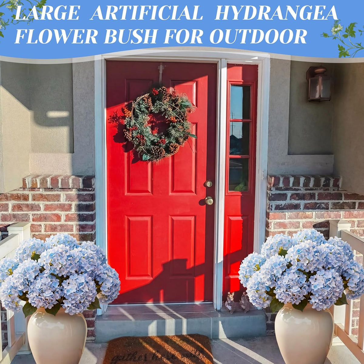 Hydrangea Artificial Flower Bush for Outdoor 19.6inch Large Silk Hydrangea 5 Heads Realistic UV Resistant Fake Flower for Porch Bouquet Window Box Wedding Indoor(2 Pcs,Blue)