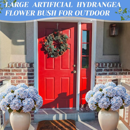 Hydrangea Artificial Flower Bush for Outdoor 19.6inch Large Silk Hydrangea 5 Heads Realistic UV Resistant Fake Flower for Porch Bouquet Window Box Wedding Indoor(2 Pcs,Blue)