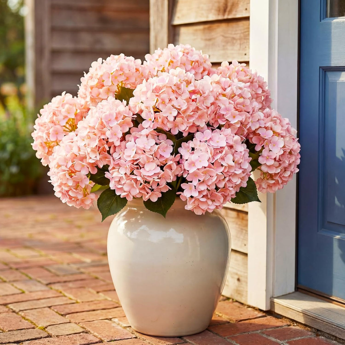 Hydrangea Artificial Flower Bush for Outdoor 19.6inch Large Silk Hydrangea 5 Heads Realistic UV Resistant Fake Flower for Porch Bouquet Window Box Wedding Indoor(2 Pcs,Blue)