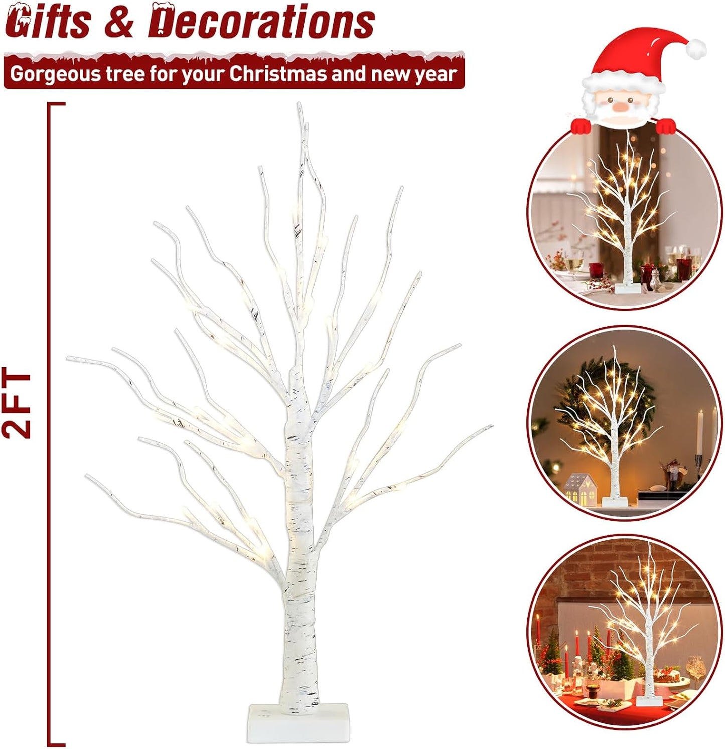 Artificial Tree for Christmas Decorations, 2FT Birch Tree with LED Lights, Warm White Fairy Lights Spirit Tree Lamp for Home Indoor Tabletop Centerpiece, Battery Powered, Timer