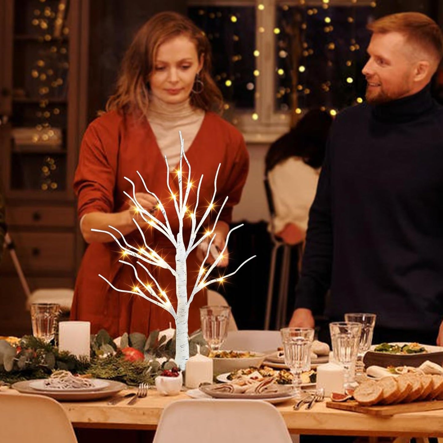Artificial Tree for Christmas Decorations, 2FT Birch Tree with LED Lights, Warm White Fairy Lights Spirit Tree Lamp for Home Indoor Tabletop Centerpiece, Battery Powered, Timer