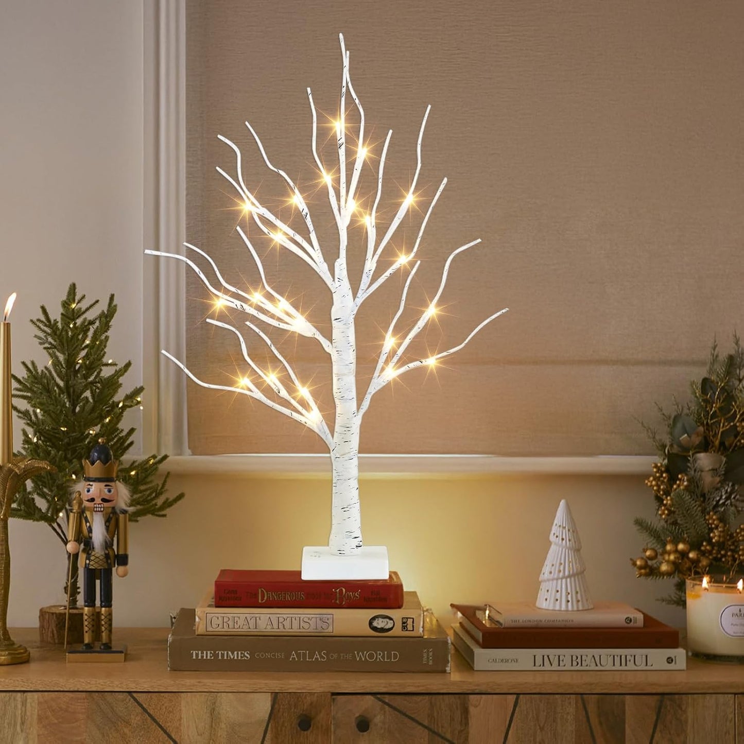 Artificial Tree for Christmas Decorations, 2FT Birch Tree with LED Lights, Warm White Fairy Lights Spirit Tree Lamp for Home Indoor Tabletop Centerpiece, Battery Powered, Timer