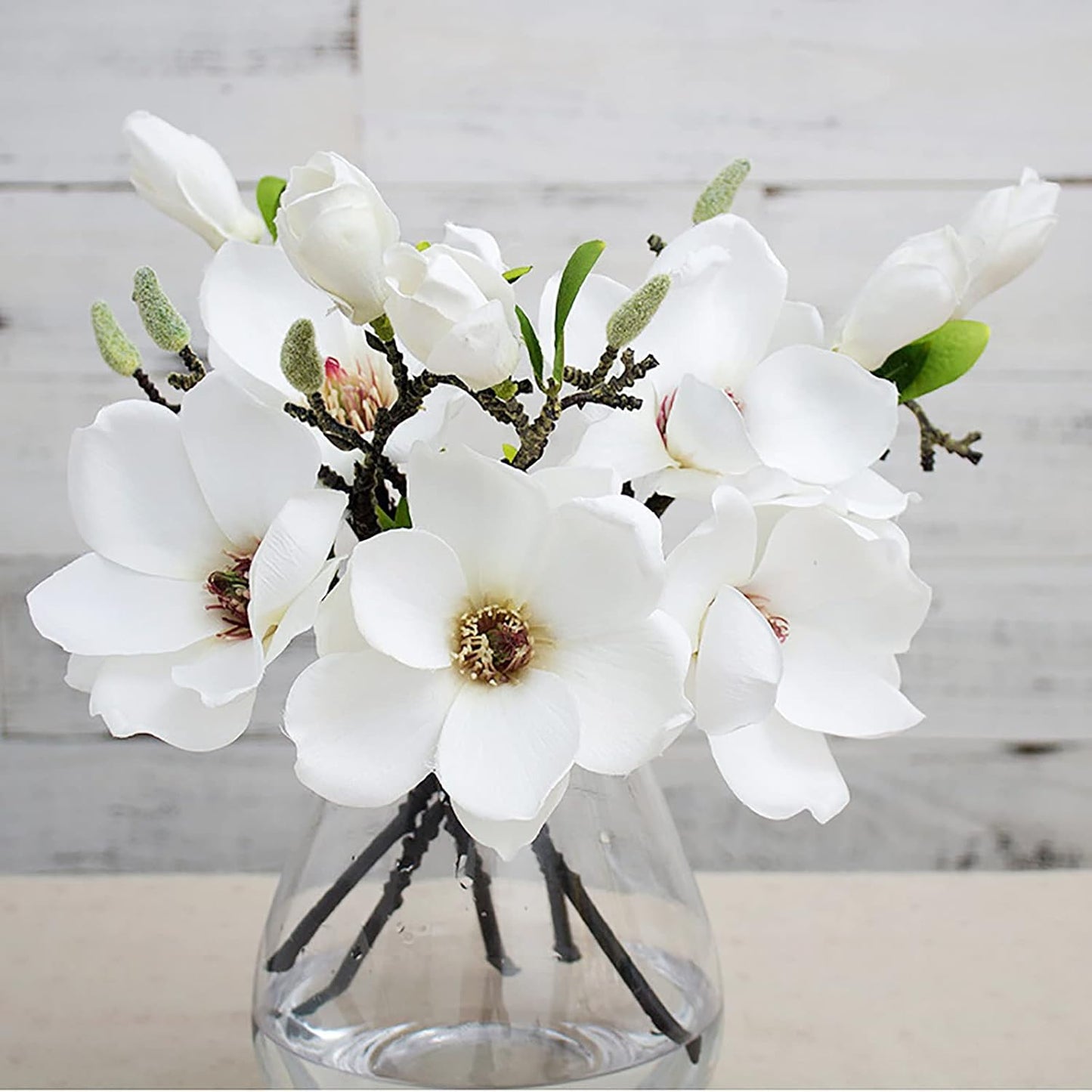 5 Pack Artificial Magnolia Flowers Realistic Silk Magnolia with Green Leaves Real Touch Magnolia Bouquet for Wedding Home Office Table Centerpiece Decor